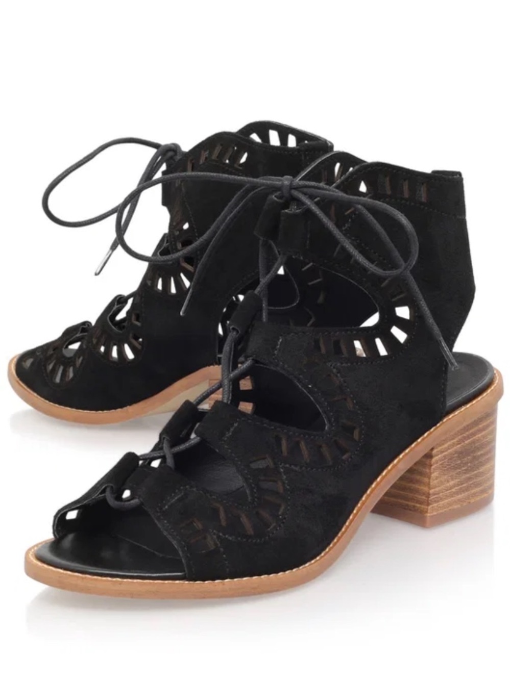 SO Black Laser-Cut Lace-Up Wedge Sandals